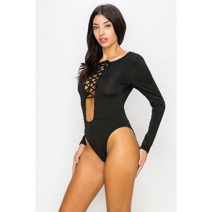 La Reyna Lace-Up Bodysuit in Black