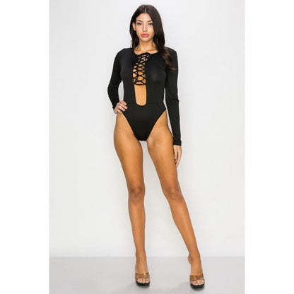 La Reyna Lace-Up Bodysuit in Black
