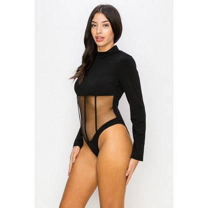 La Reyna High Neck Mesh Bodice Bodysuit in Black