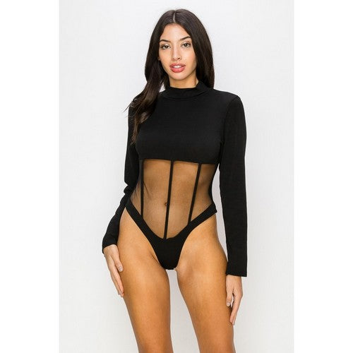 1729 High Neck Mesh Bodice Bodysuit in Black