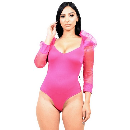 Mesh Sleeve Thong Bodysuit in Fuchsia