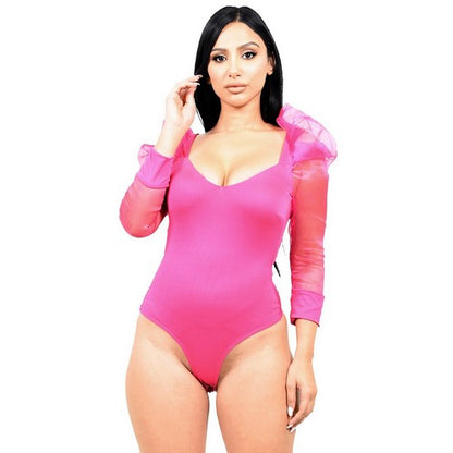 Mesh Sleeve Thong Bodysuit in Fuchsia