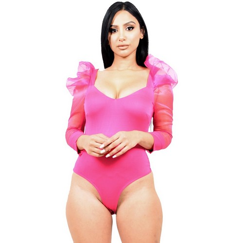 GR4455-4874 3/4 Mesh Sleeve Bodysuit in Pink