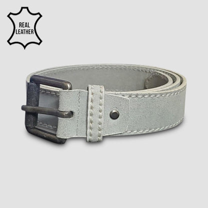 Nubuck Genuine Leather Belt in Pale Grey