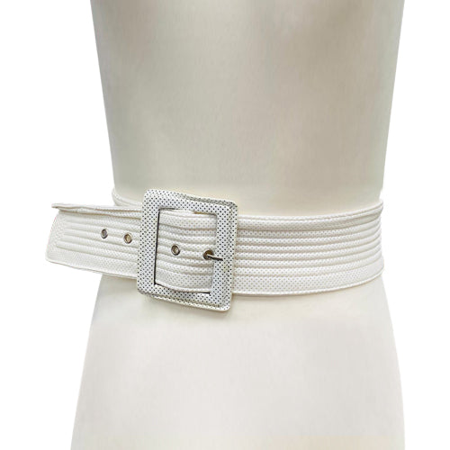 Wide Ribbed Leather Belt White