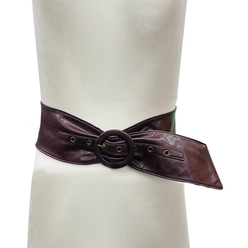 Round Buckle Wide Leather Leather Belt Brown