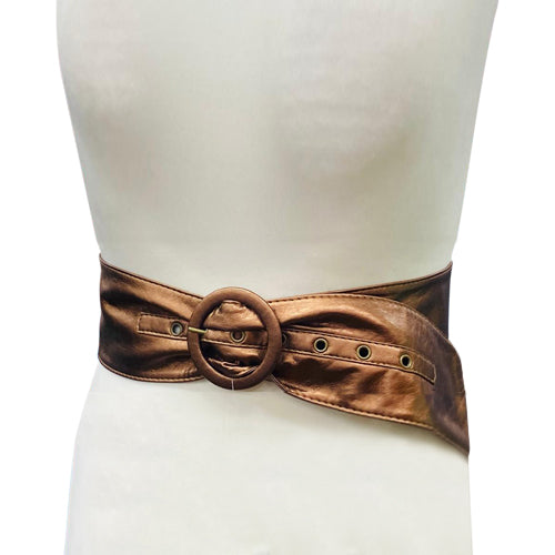 Round Buckle Wide Leather Leather Belt Bronze