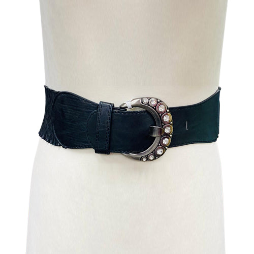 Gem Buckle Rouche Leather Belt Black