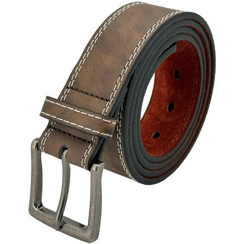 08440 Double Top Stitch Leather Belt in Coffee Brown