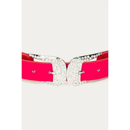 Rhinestone Double Western Buckle Leather Belt in Fuchsia
