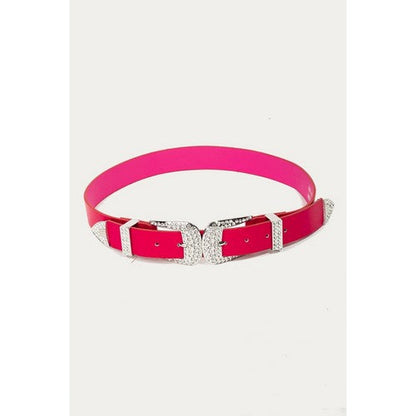 Rhinestone Double Western Buckle Leather Belt in Fuchsia