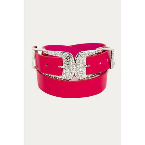 MML8765 Pave Double Western Buckle Leather Belt in Fuchsia