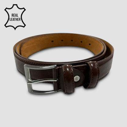 Genuine Leather Italian Belt with Contrast Stitching in Dark Brown