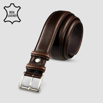 Genuine Leather Italian Belt with Contrast Stitching in Chocolate