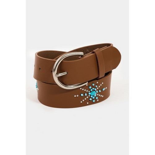 Western Leather Turquoise Star Burst Belt in Brown