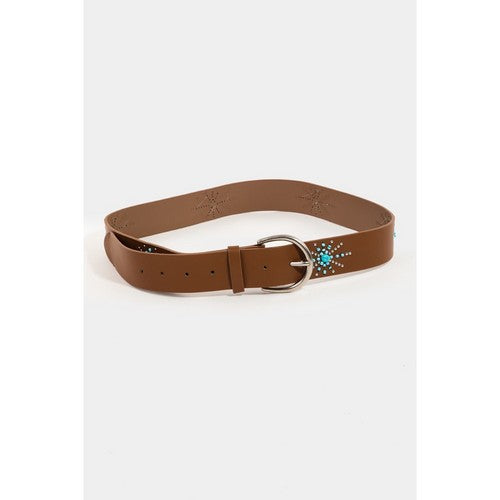 Western Leather Turquoise Star Burst Belt in Brown