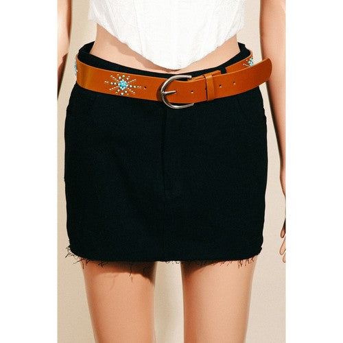 MML8775 Western Leather Turquoise Star Burst Belt in Brown