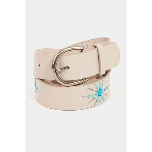 MML8775 Western Leather Turquoise Star Burst Belt in White