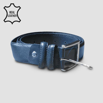 Genuine Leather Italian Belt with Scale Pattern in Navy
