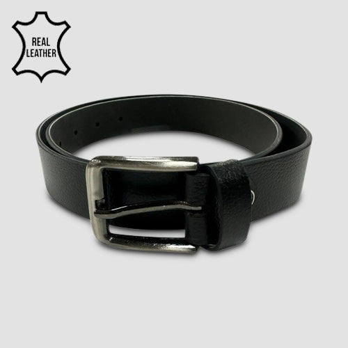 Genuine Leather Italian Belt with Textured Finish and Engraved Stud in Black