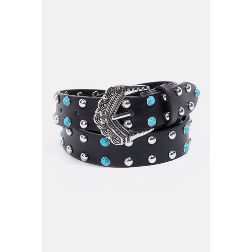 Western Antique Etched Buckle Stone Studded Belt in Black