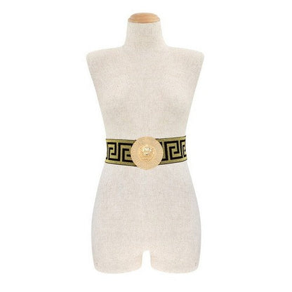 DB1195 Versachee Lion Head Elastic Belt in Black & Gold
