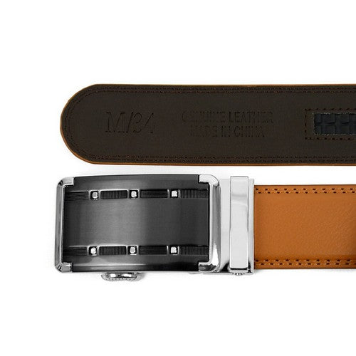 Genuine Leather Sliding Buckle Ratchet Belt in Light Brown