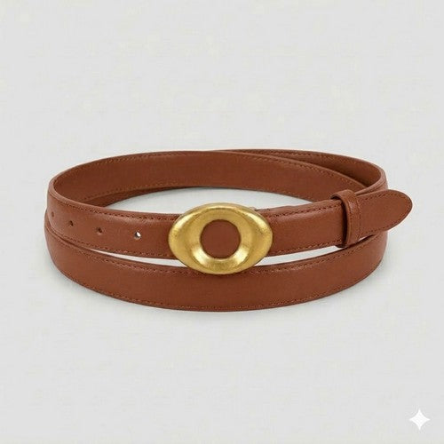 Eye-Shape Buckle Thin Belt in Camel