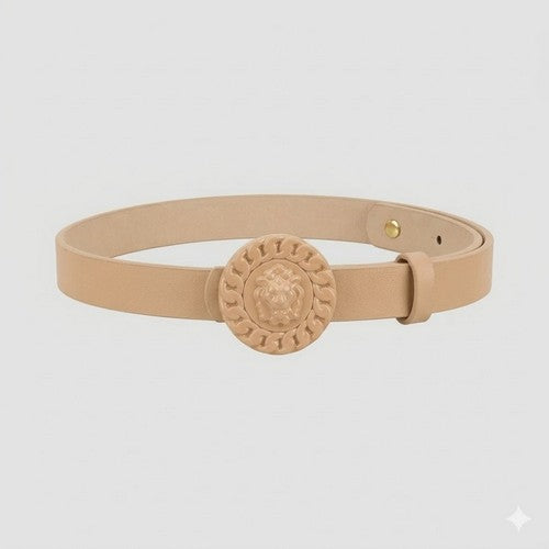 Lion Emblem Buckle Thin Belt in Beige