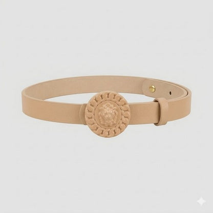 Lion Emblem Buckle Thin Belt in Beige