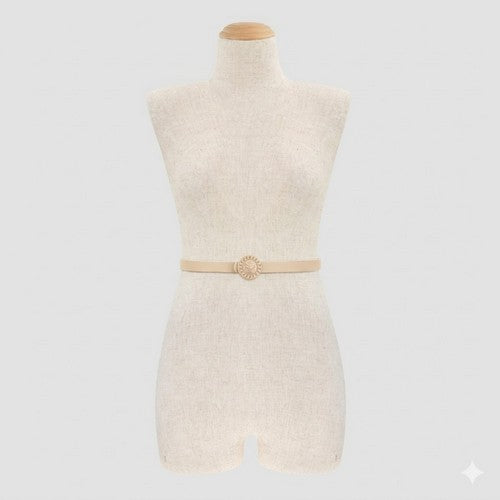 Lion Emblem Buckle Thin Belt in Beige