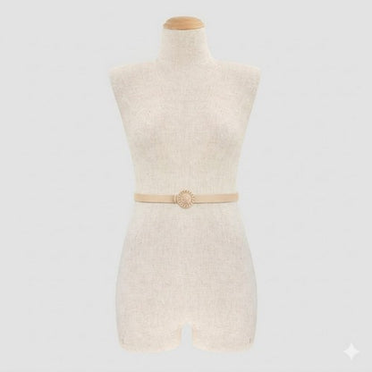Lion Emblem Buckle Thin Belt in Beige