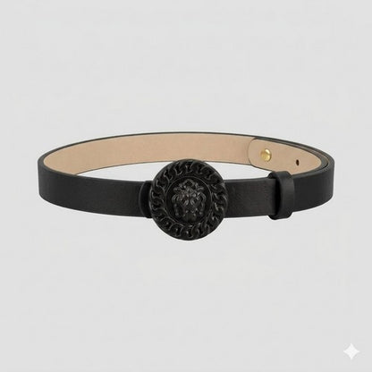 Lion Emblem Buckle Thin Belt in Black