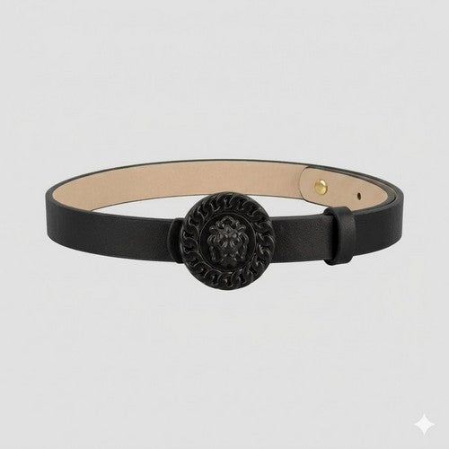 Lion Emblem Buckle Thin Belt in Black