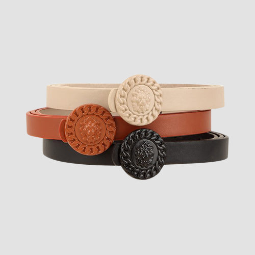 Lion Emblem Buckle 3-Belt Set in Black/Cognac/Beige