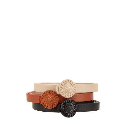 Lion Emblem Buckle 3-Belt Set in Black/Cognac/Beige