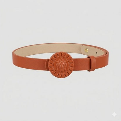 Lion Emblem Buckle Thin Belt in Cognac