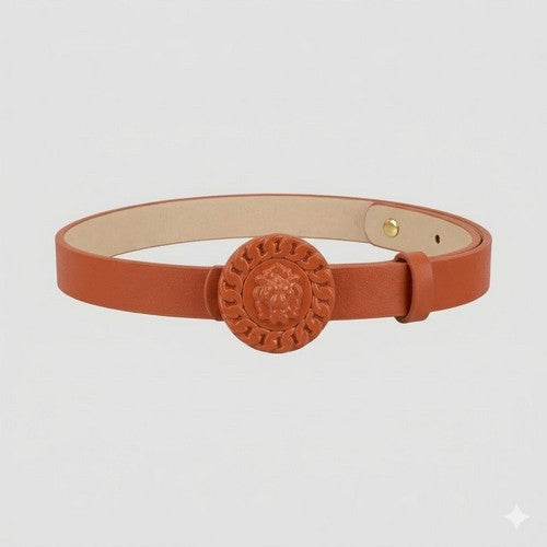 Lion Emblem Buckle Thin Belt in Cognac