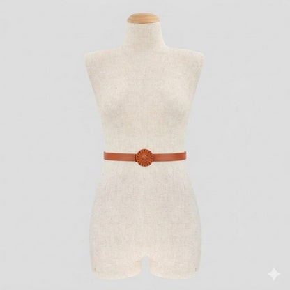 Lion Emblem Buckle Thin Belt in Cognac