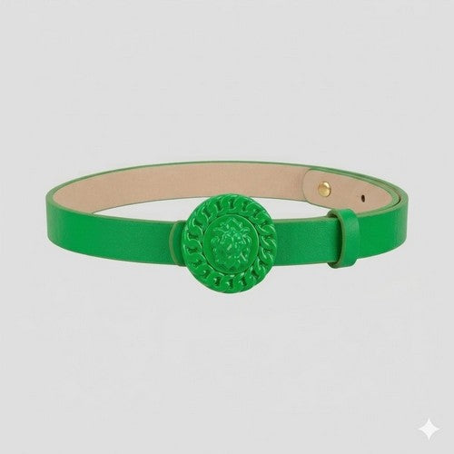 Lion Emblem Buckle Thin Belt in Green