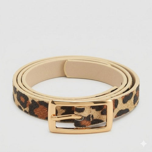 Oblong Buckle Thin Belt in Beige Leopard