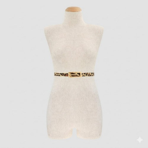 Oblong Buckle Thin Belt in Beige Leopard