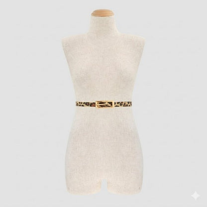 Oblong Buckle Thin Belt in Beige Leopard