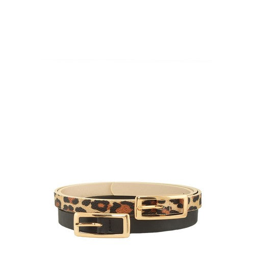 Oblong Buckle 2-Belt Set in Black/Beige Leopard