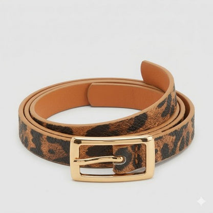 Oblong Buckle Thin Belt in Brown Leopard
