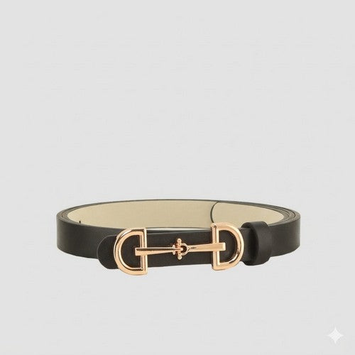 Lux Horsebit Buckle Thin Belt in Black & Gold