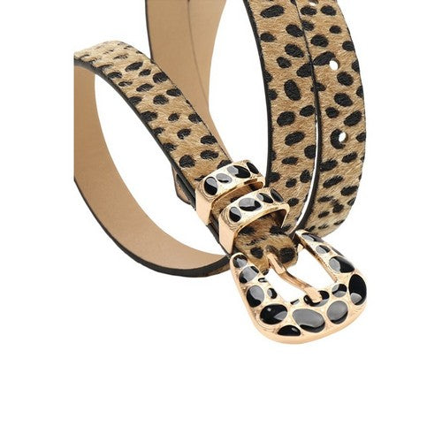Spotty Buckle Cheetah Hair Thin Belt in Light Brown