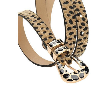 Spotty Buckle Cheetah Hair Thin Belt in Light Brown
