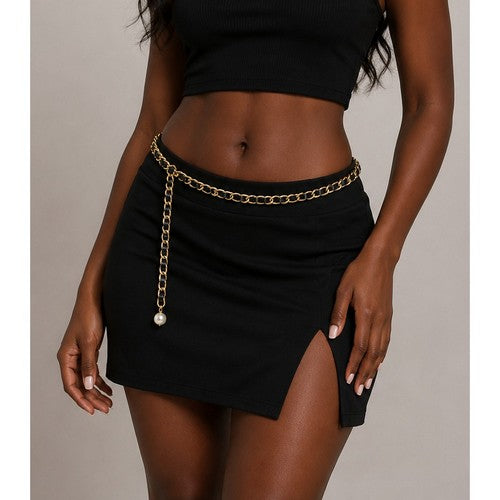 Leather Thread Chain Belt in Black
