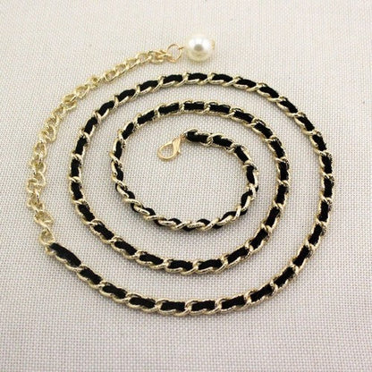 EVFVP65W9Q8 Leather Thread Chain Belt in Black